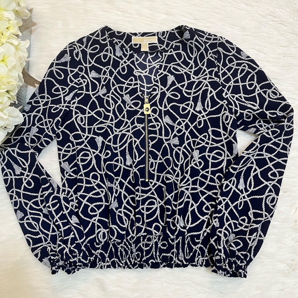 Long sleeves Michael Kors blouse with gold zipper and waist elastic size S Navy